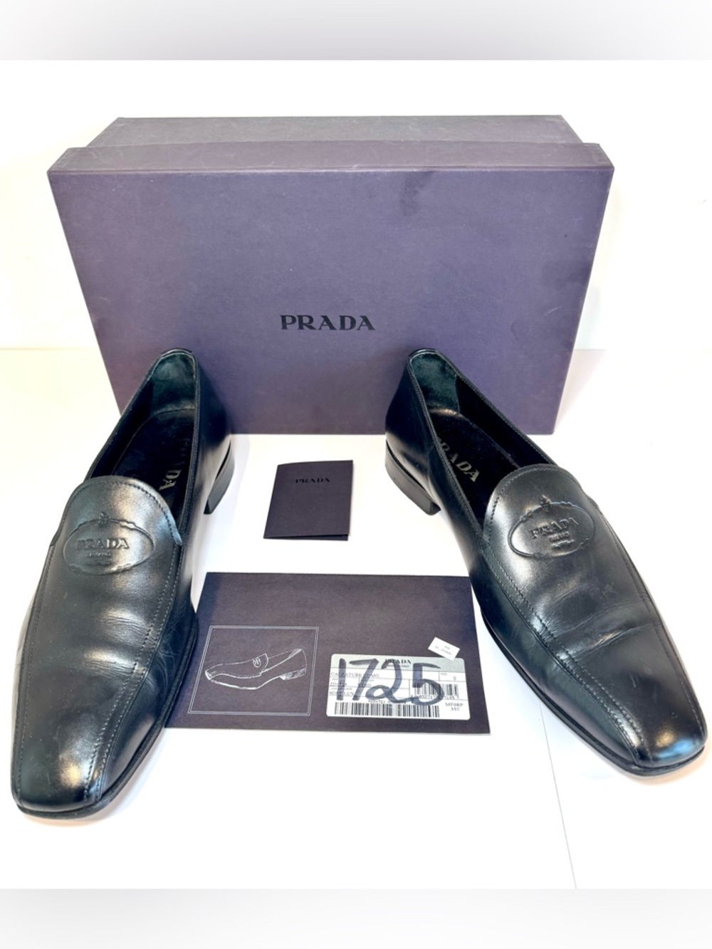 Prada Black Leather Logo Embossed Men’s Slip On Loafers, Sz 8.5